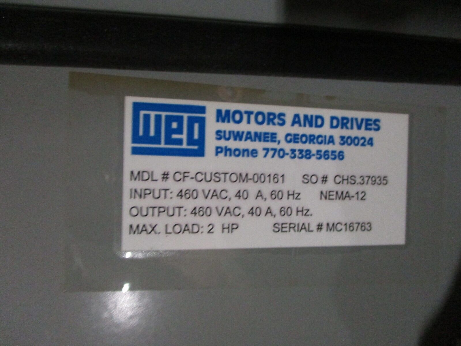 WEG AC Drive CF-CUSTOM-00161 2HP Input: 460VAC 60Hz 40A Output: 460VAC 40A 60Hz