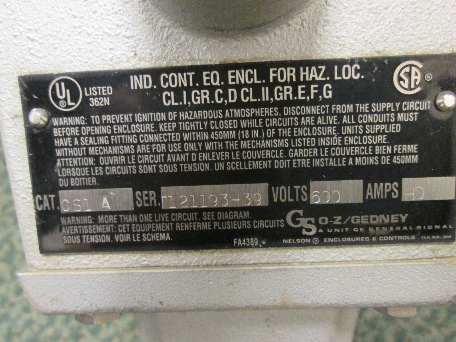 OZ-Gedney Explosion-Proof Switch CS1A 600V Used