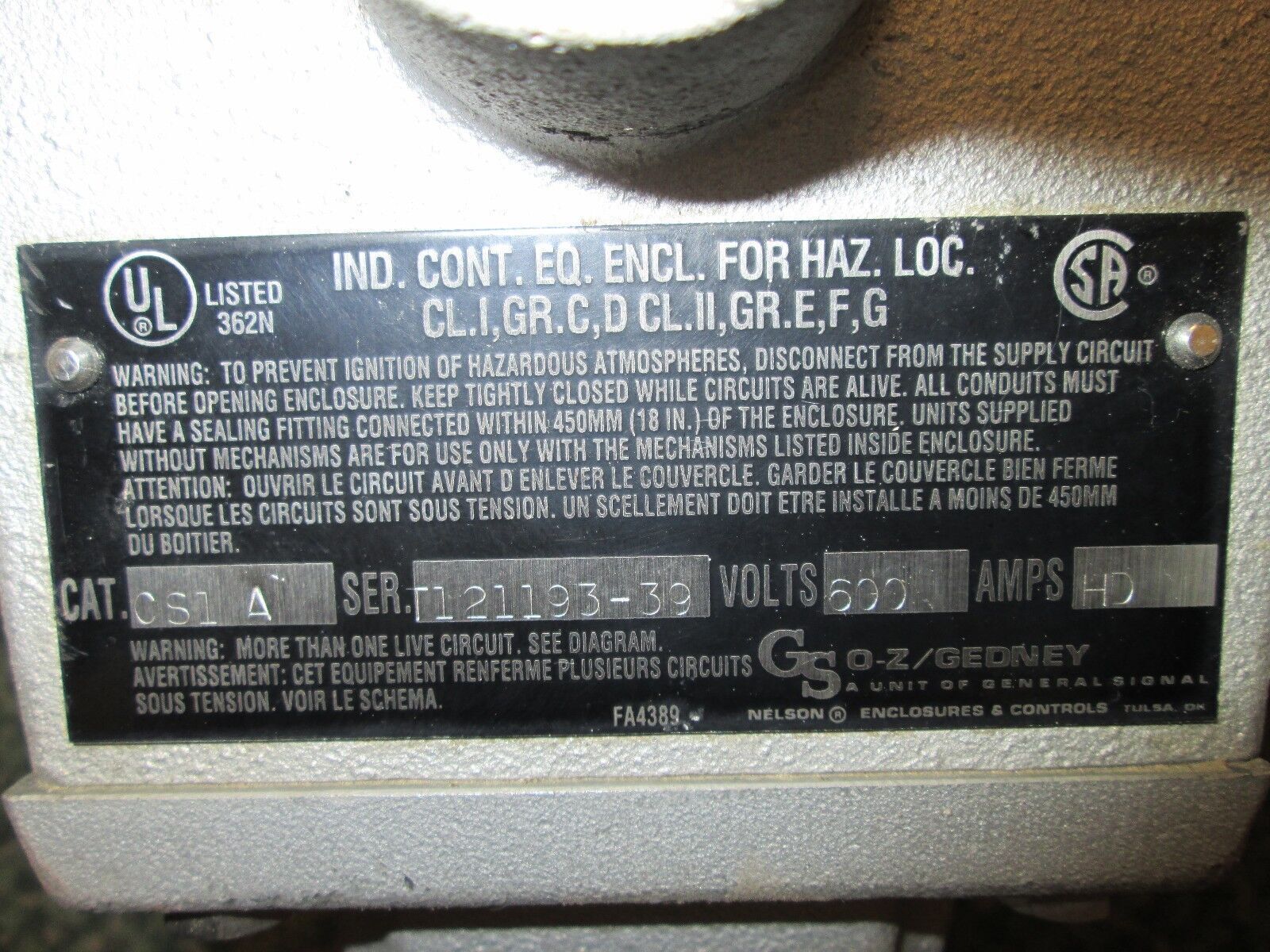 OZ-Gedney Explosion-Proof Switch CS1A 600V Used