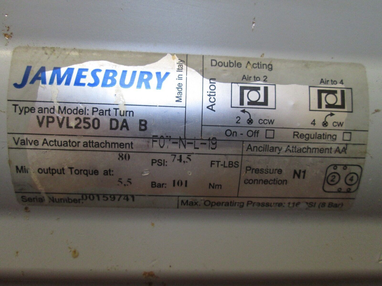 Jamesbury Actuator VPVL250 DAB 116PSI Max Double-Acting Used