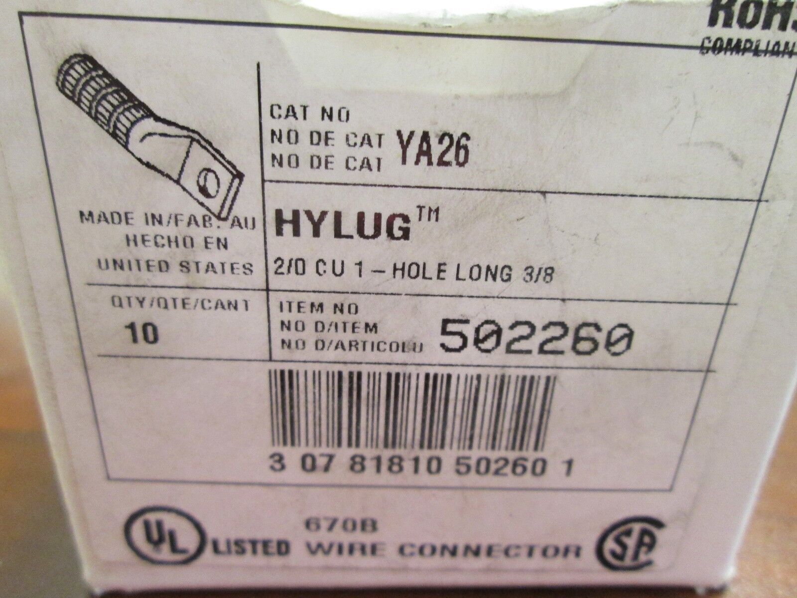 Burndy Crimp Lug YA26 210 AWG Black Die 13 *Box of 10* New Surplus