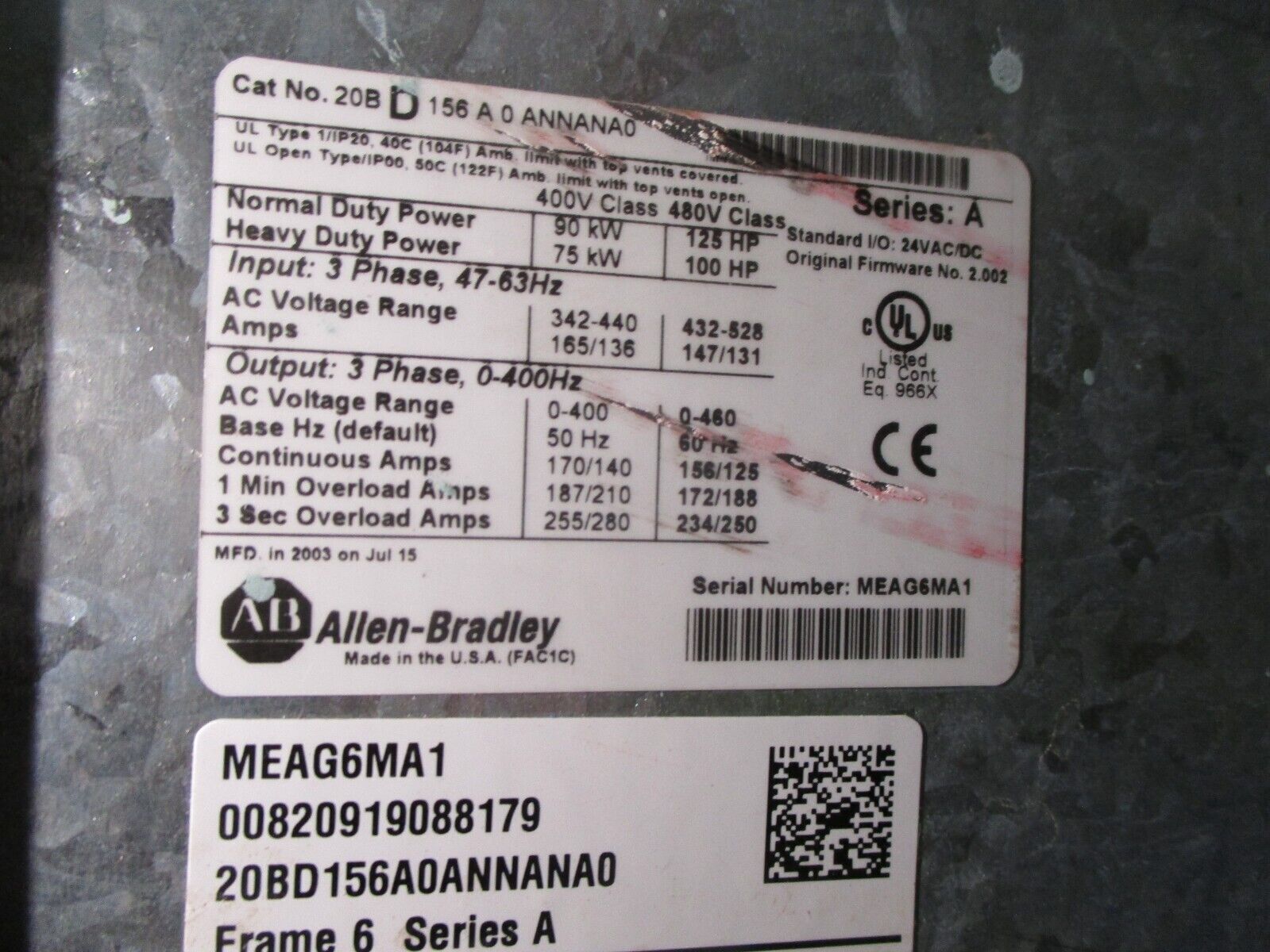 Allen-Bradley VTAC 9 / PowerFlex 700 AC Drive 20BD156A0ANNANA0 125HP 3Ph Used