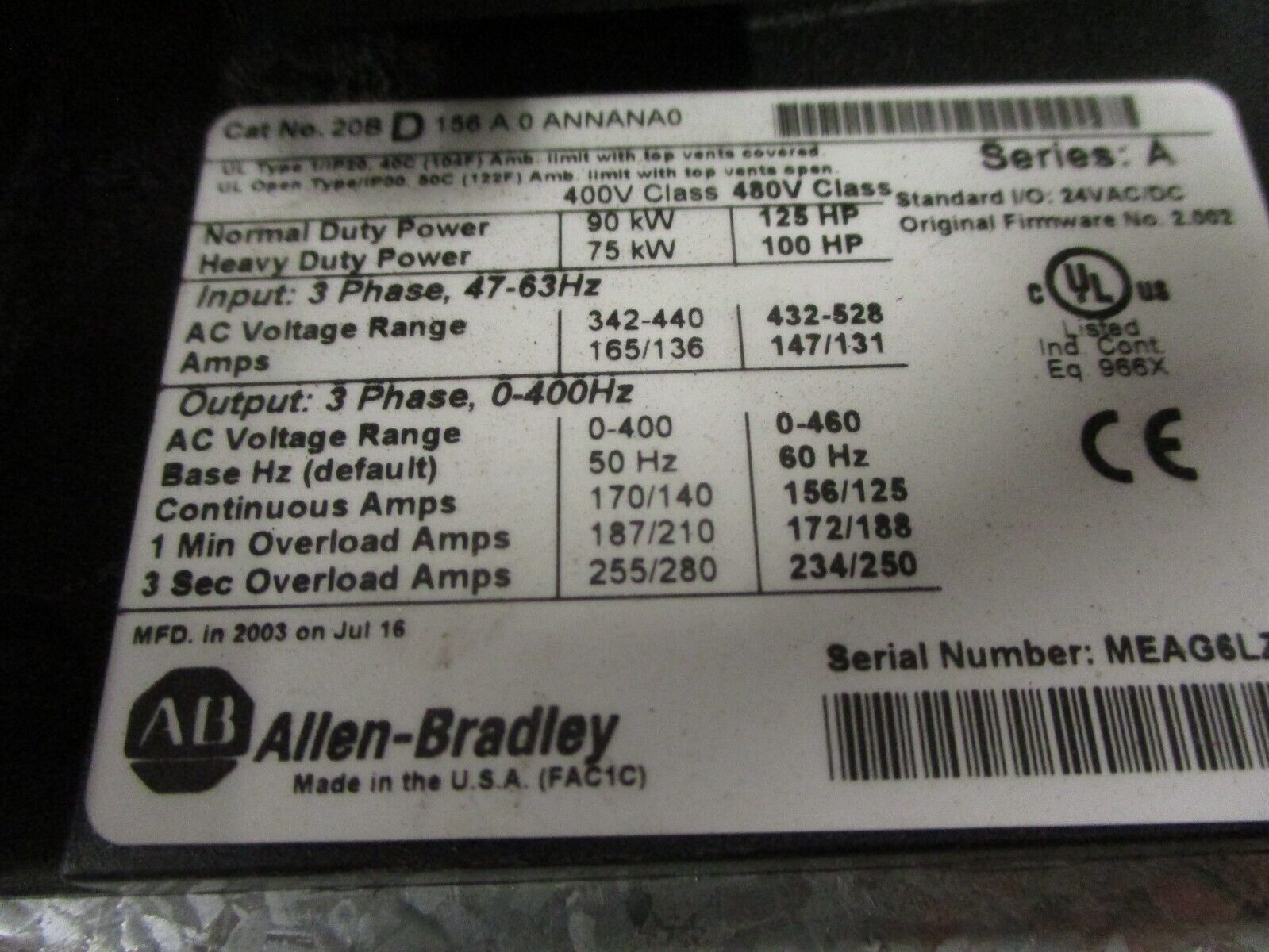 Allen-Bradley VTAC 9 / PowerFlex 700 AC Drive 20BD156A0ANNANA0 125HP 3Ph Used
