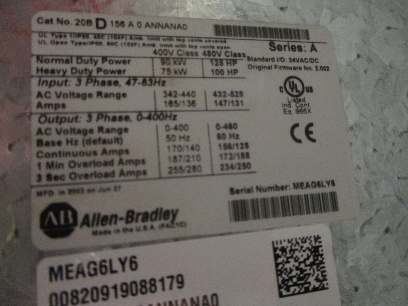 Allen-Bradley VTAC 9 / PowerFlex 700 AC Drive 20BD156A0ANNANA0 125HP 3Ph Used
