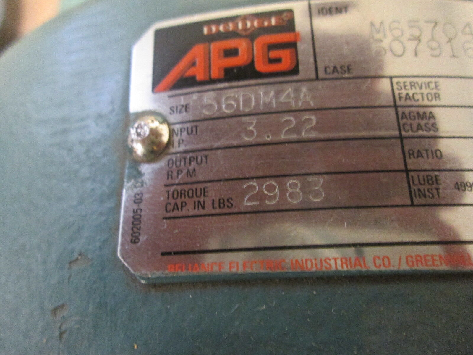 Dodge APG Reducer 56DM4A Ratio 25.6:1 3.22 HP IN 2983 In/LB Torque Used