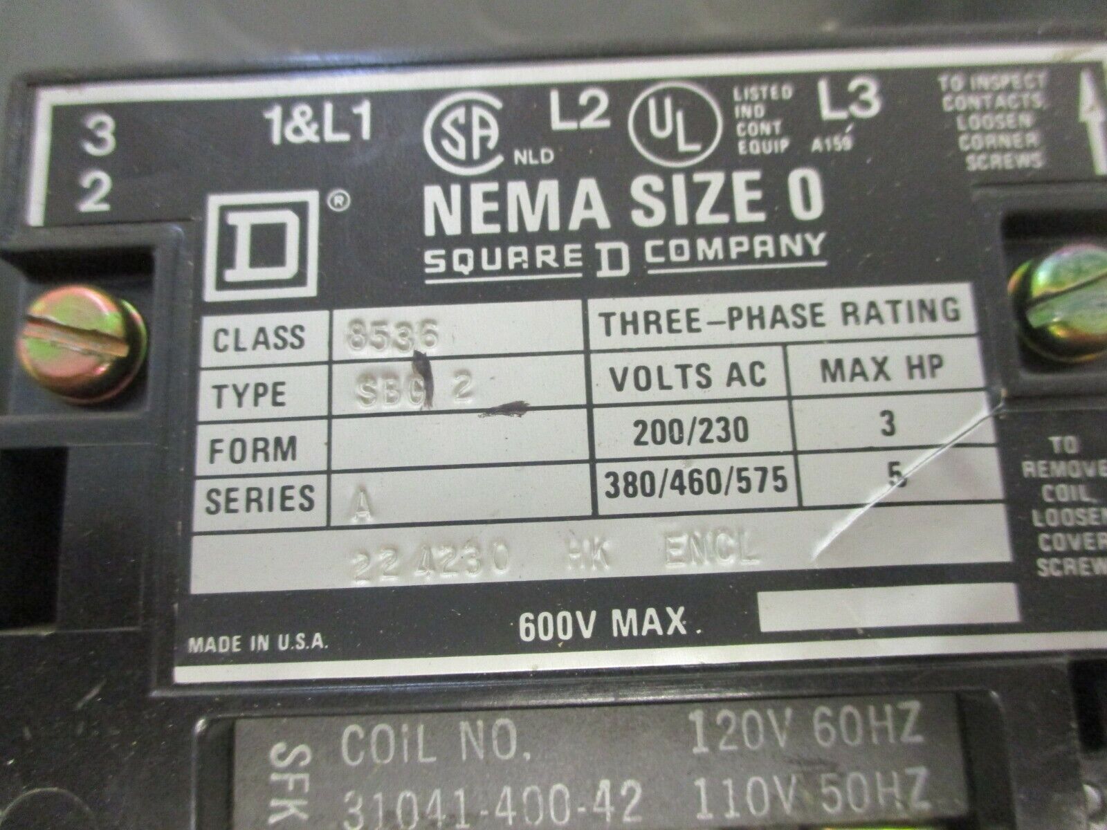 Square D Enclosed Starter 8536 SBG2 Ser. A 120V Coil 600V Type 1 Enclosure Used