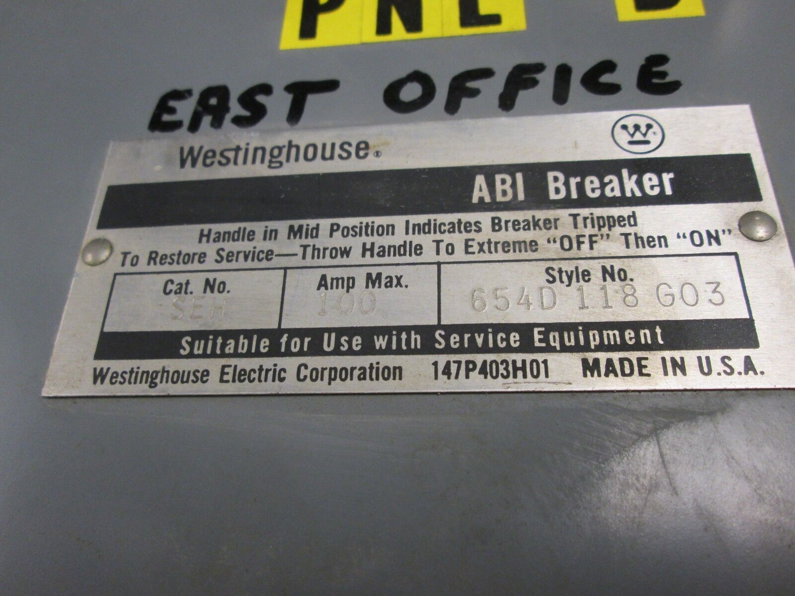 Westinghouse Circuit Breaker Enclosure 654D118G08 E311 Model SEH 100A breaker
