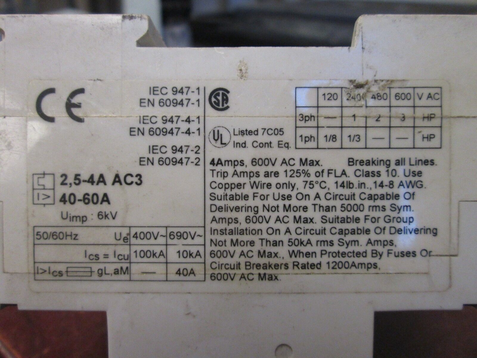 GE Manual Motor Starter SFK1H Range: 2.5 - 4A Used