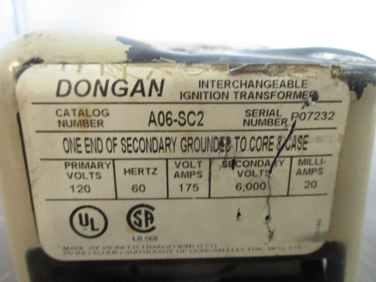 Dongan Interchangable Ignition Transformer A06-SC2 Pri: 120V Sec: 6kV Used
