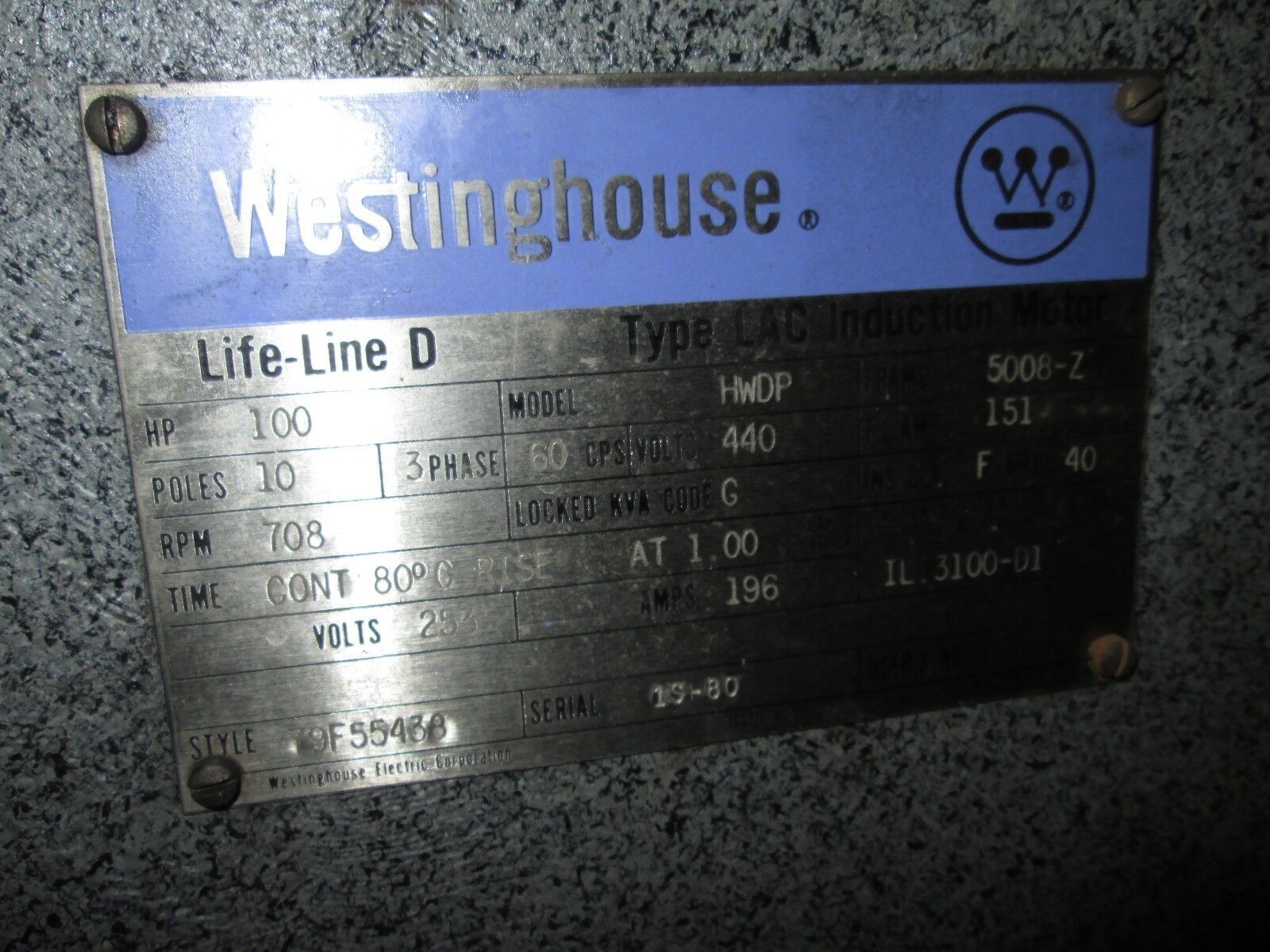 Westinghouse Motor HWDP 100HP 708 RPM's 5008-Z Frame 440V 151A