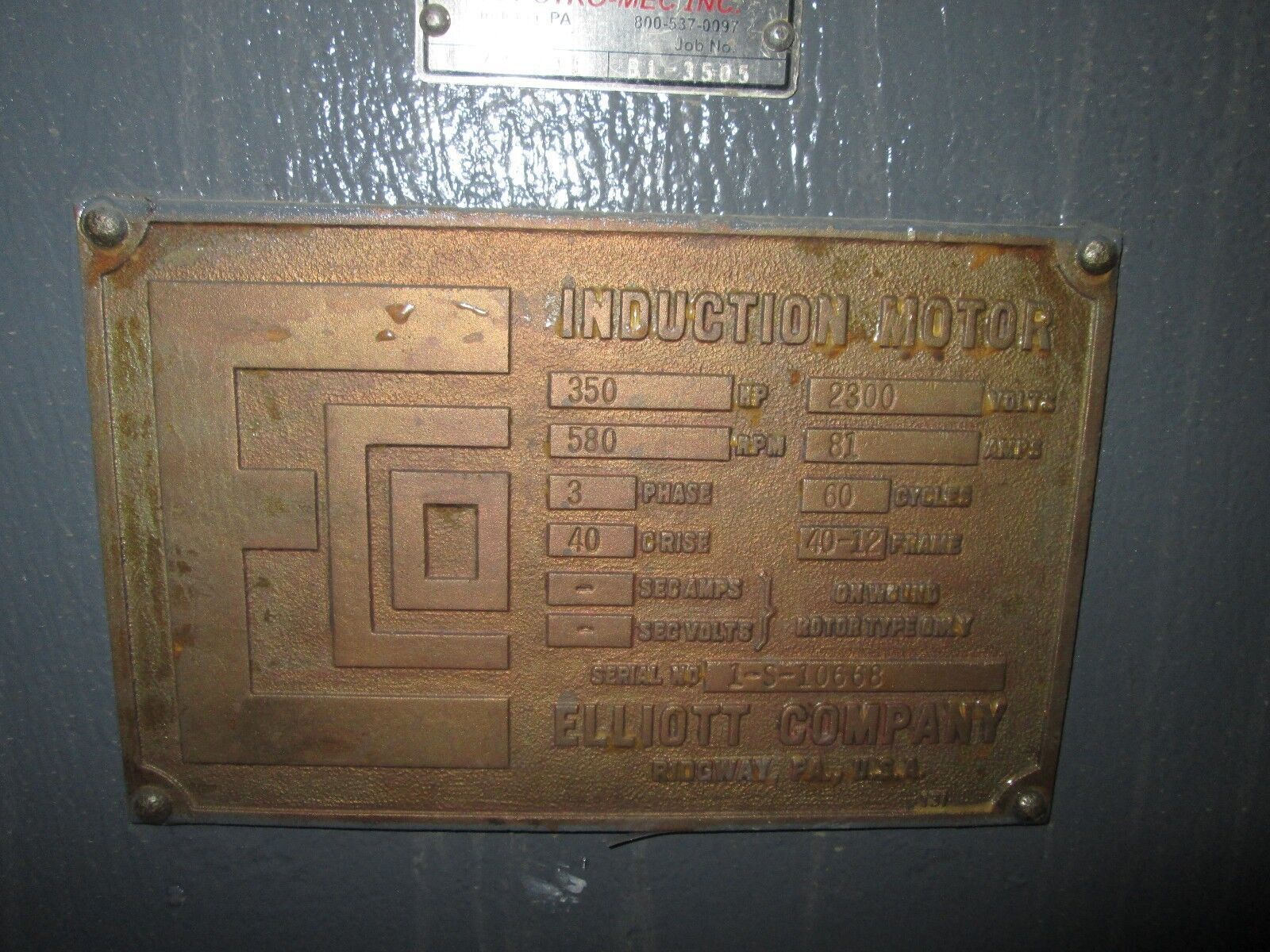 Elliot Company Motor 1-S-10668 350HP 600 RPM's 40-12 Frame 2300V 81A