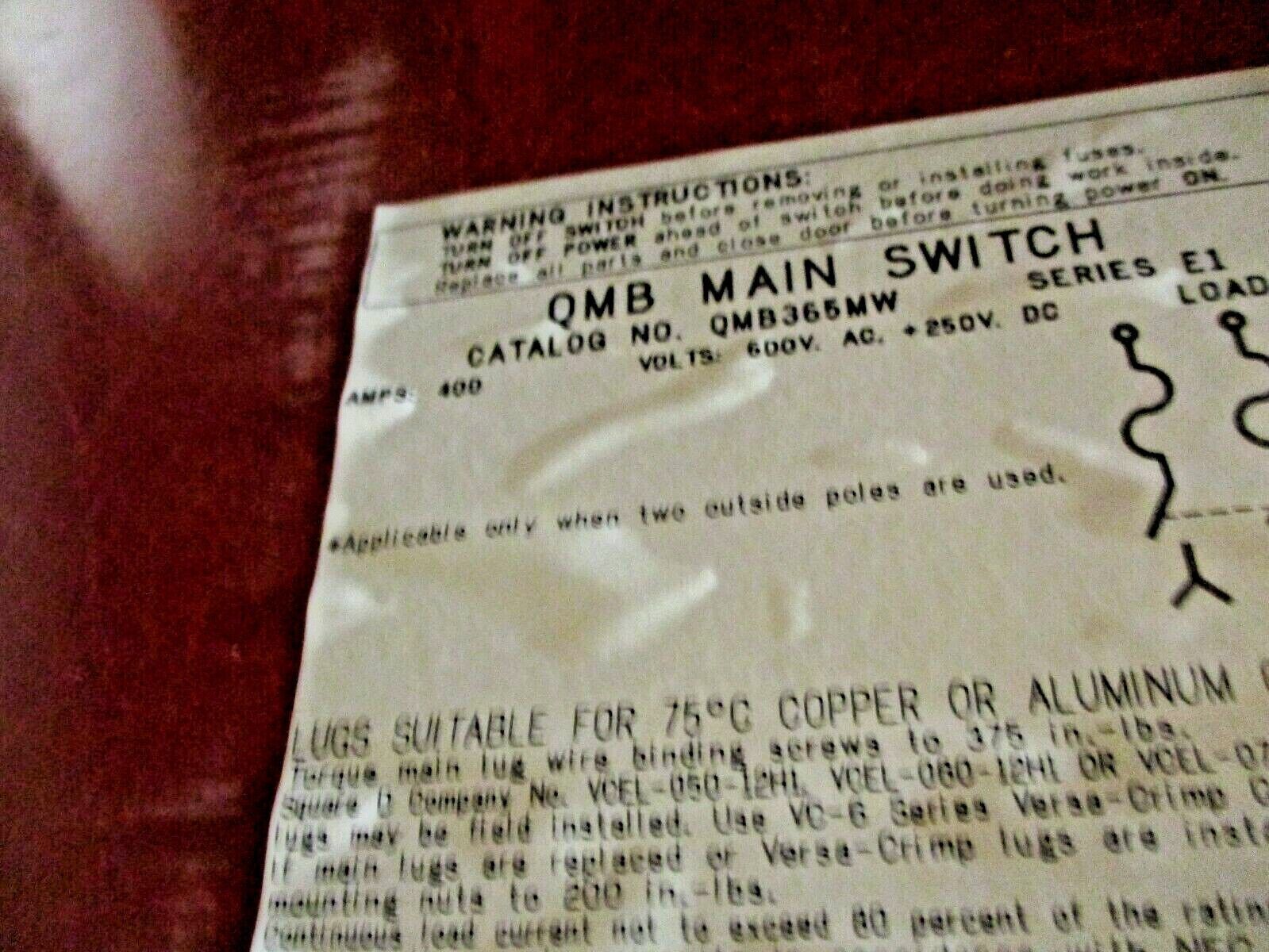 Square D Fusible Panelboard Switch QMB365MW Ser. E1 400A 600V 3P Used