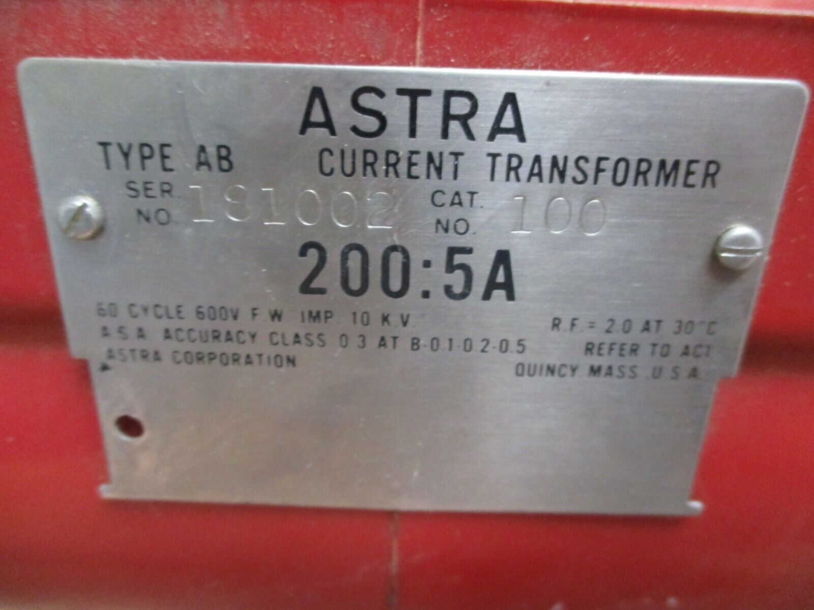 Astra Type AB Current Transformer 100 Ratio 200:5A 600V 60Hz 10KV BIL Used