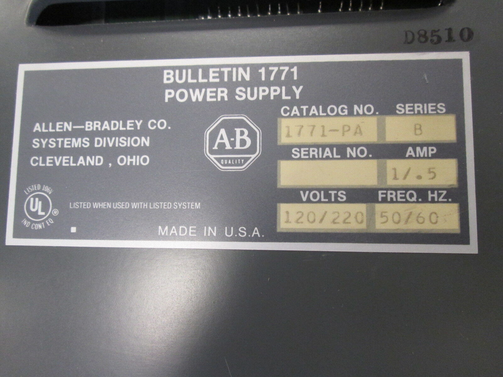 Allen-Bradley Power Supply 1771-PA Ser. B 120/220V 1/0.5A 50/60Hz Used
