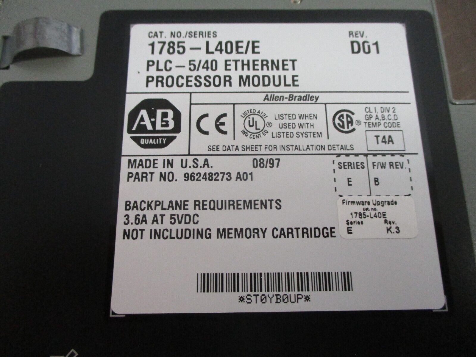 Allen-Bradley PLC-5/40 Ethernet Processor Module 1785-L40E/E Rev. D01 Ser. E