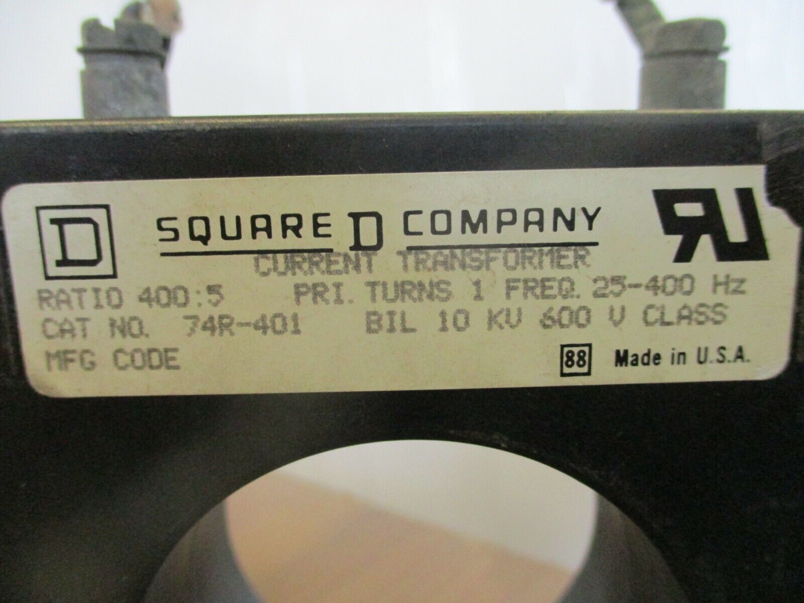 Square D Current Transformer 74R-401 Ratio 400:5A 600V 25-400Hz Used