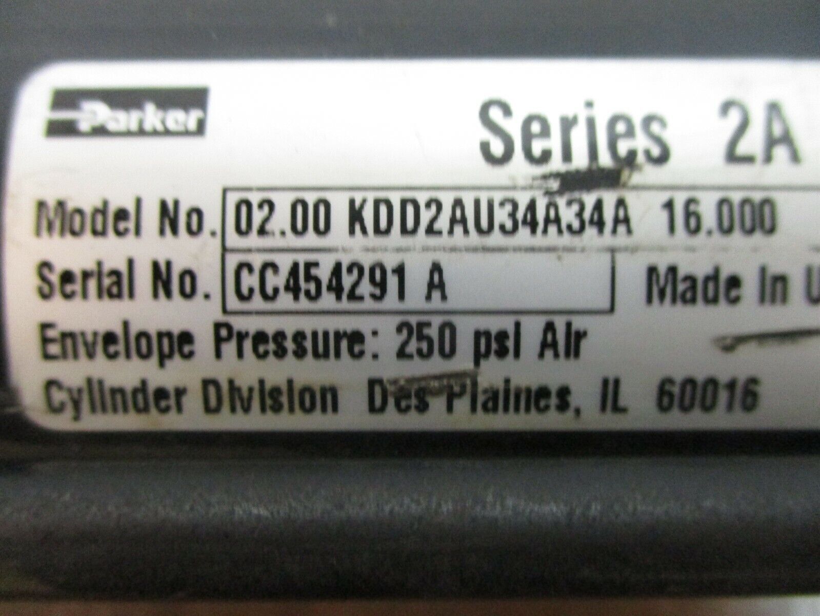 Parker Series 2A Air Cylinder 02.00 KDD2AU34A34A 250PSI Used