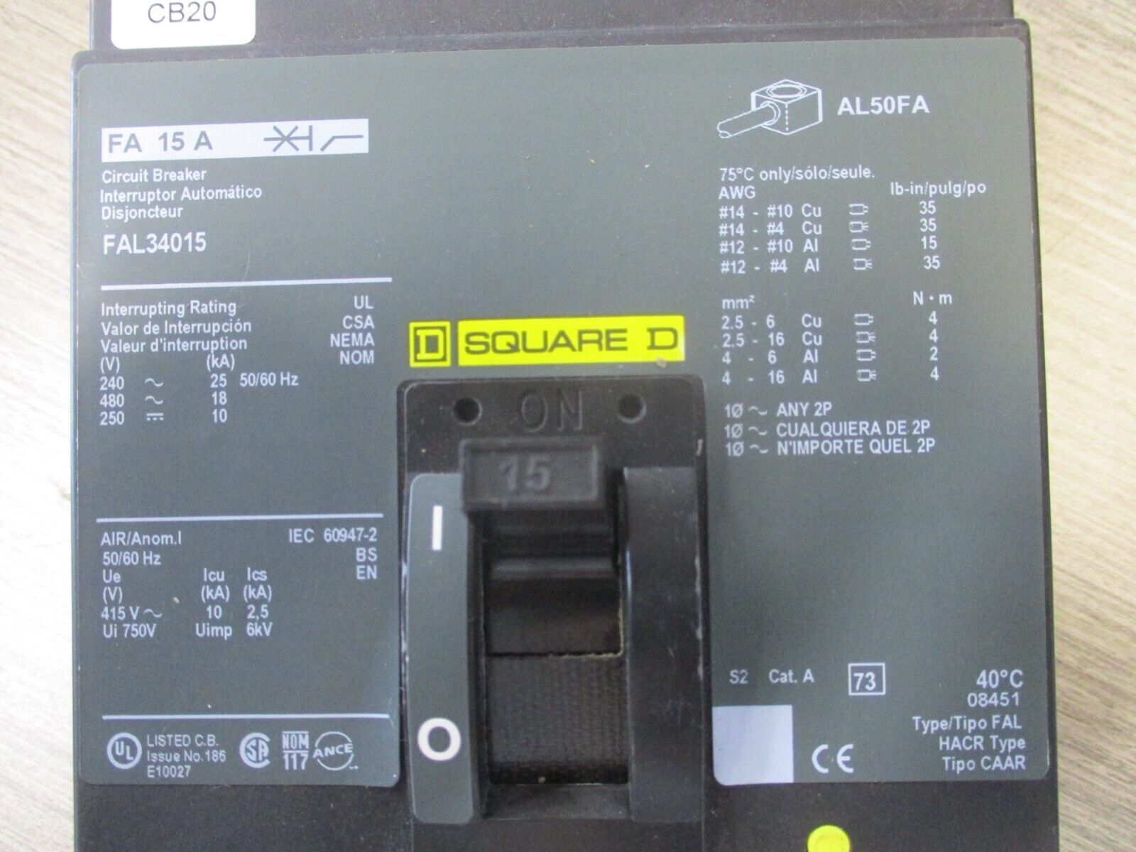 Square D Circuit Breaker FAL34015 15 A 480 V 3P Used.
