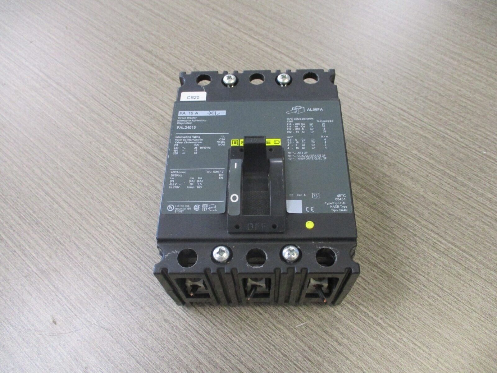 Square D Circuit Breaker FAL34015 15 A 480 V 3P Used.