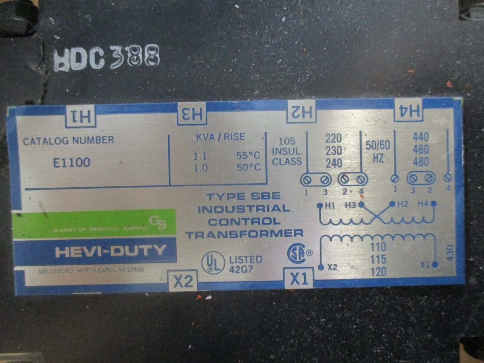 Hevi-Duty Type SBE Control Transformer E1100 1.1KVA Pri: 240/480V Sec: 120V Used