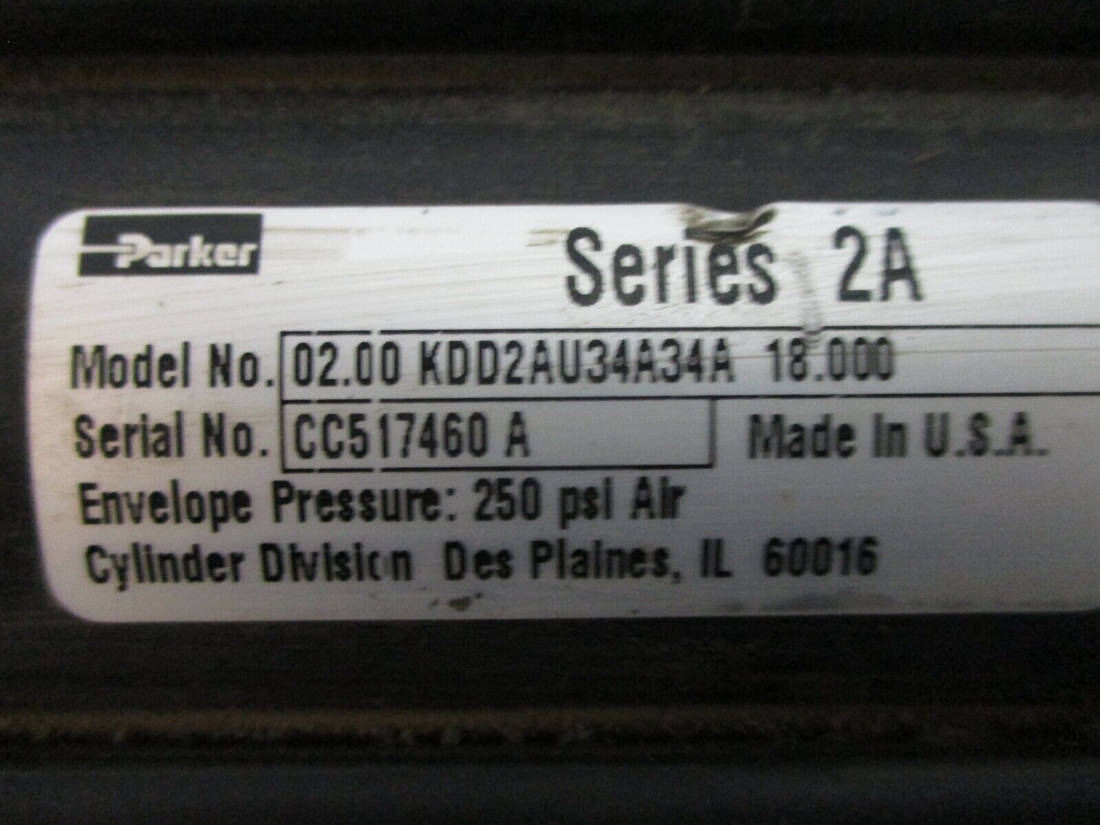 Parker Series 2A Air Cylinder 02.00 KDD2AU34A34A 18.000 250PSI Used