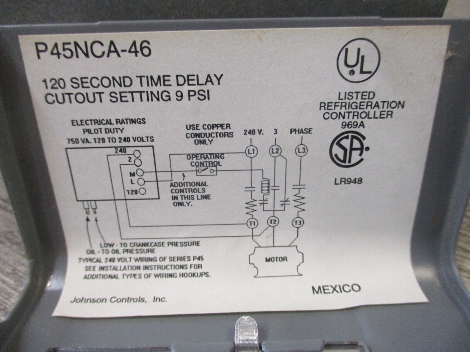 Johnson Controls Penn Lube Oil Control P45NCA-46 120 Sec 9 PSI Used.