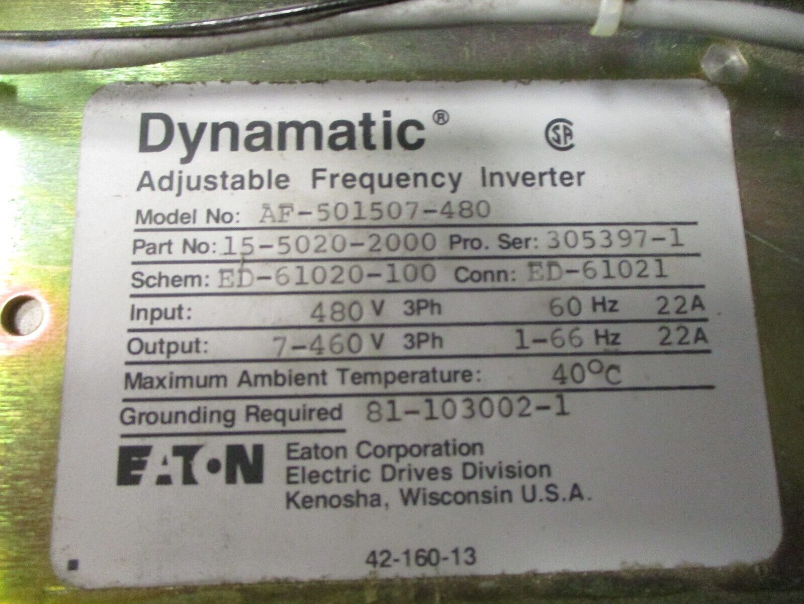 Eaton Dynamatic Model AF-501507-480 Adjustable Frequency Inverter 15-5020-2000