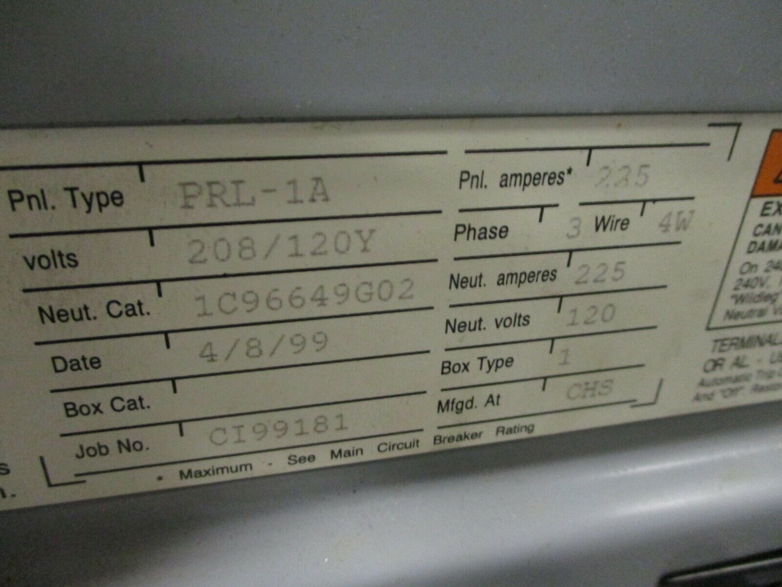 Cutler-Hammer Main Lug Breaker Panel 1C96649G02 225A Max 208Y/120 3Ph 4W Used