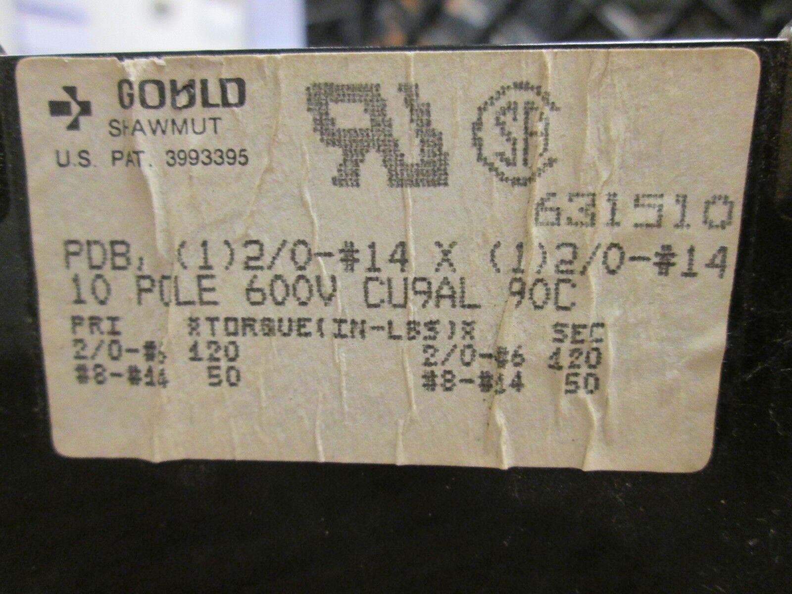 Gould Shawmut Power Distribution Block 631510 10P 600V Used