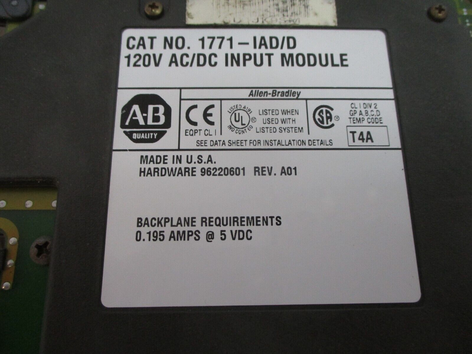 Allen-Bradley AC/DC Input Module 1771-IAD/D Rev. A01 120V Used