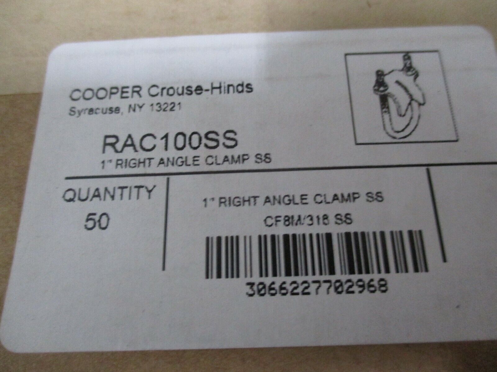 Cooper Crouse-Hinds Stainless Steel Right Angle Clamp RAC100SS 1" *Box of 50*