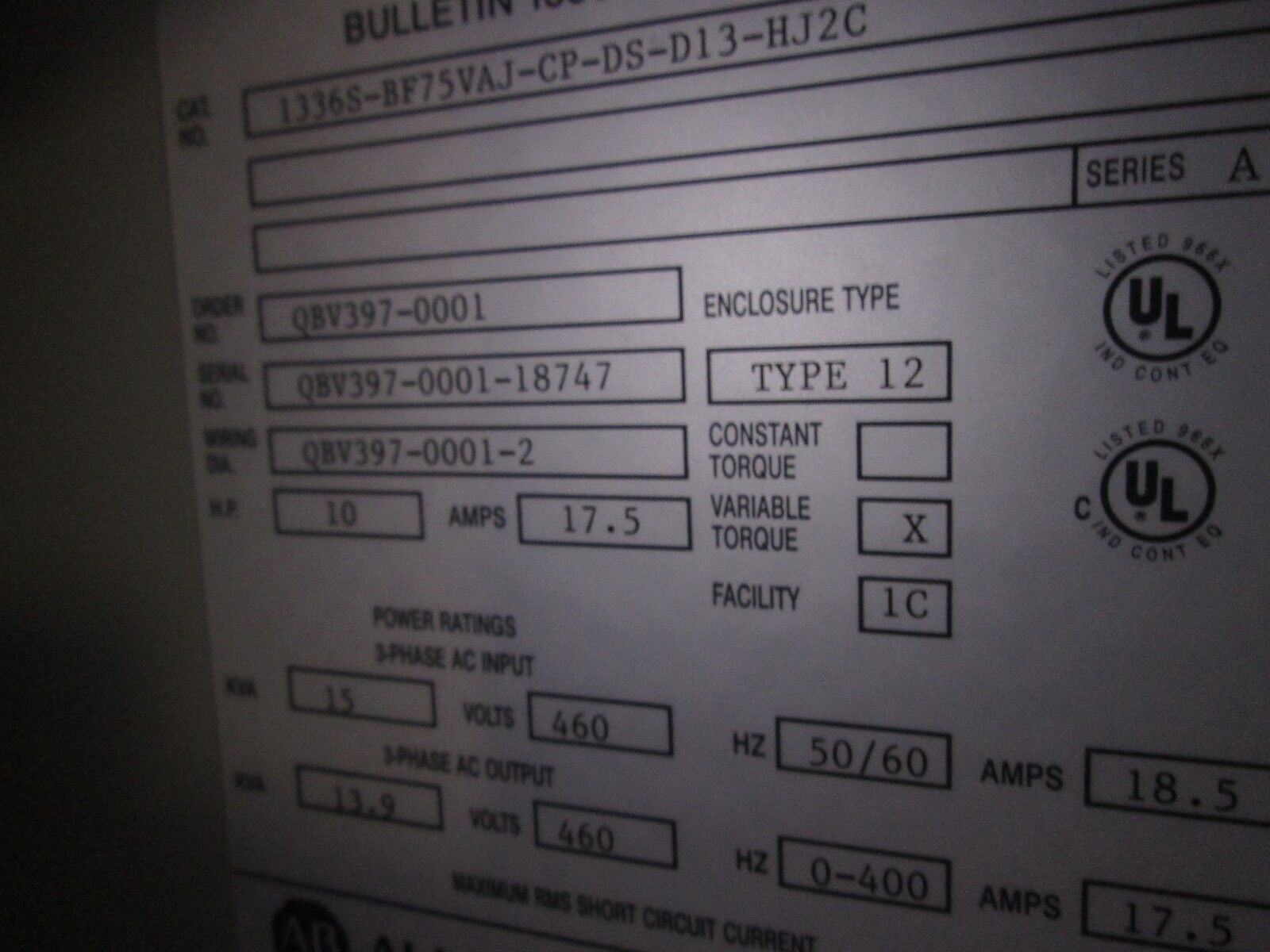 Allen-Bradley Enclosed Drive 1336S-BRF75-AN-EN4-L6 7.5HP Drive has EN3