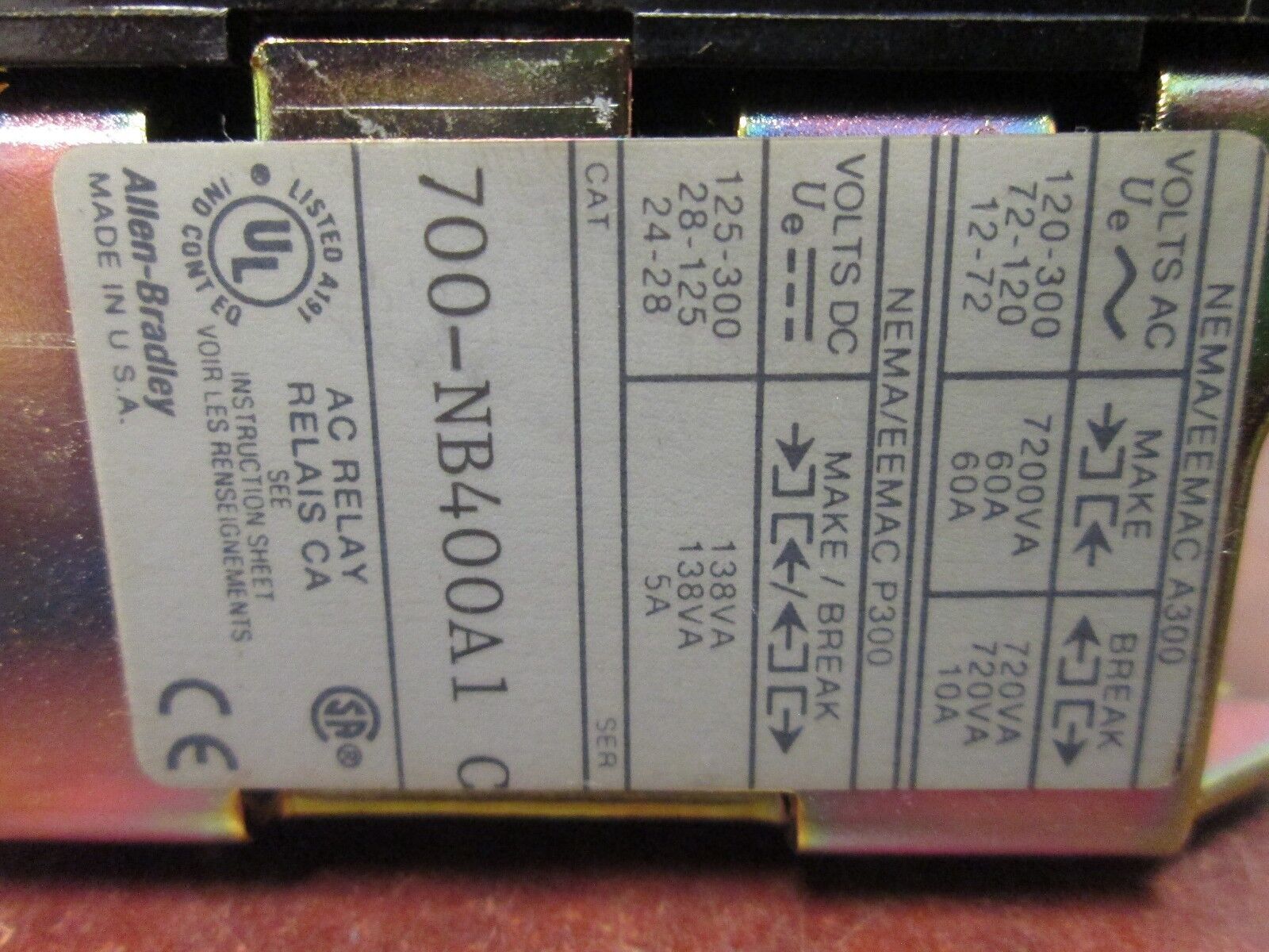 Allen-Bradley Relay 700-NB400A1 120V Coil Used