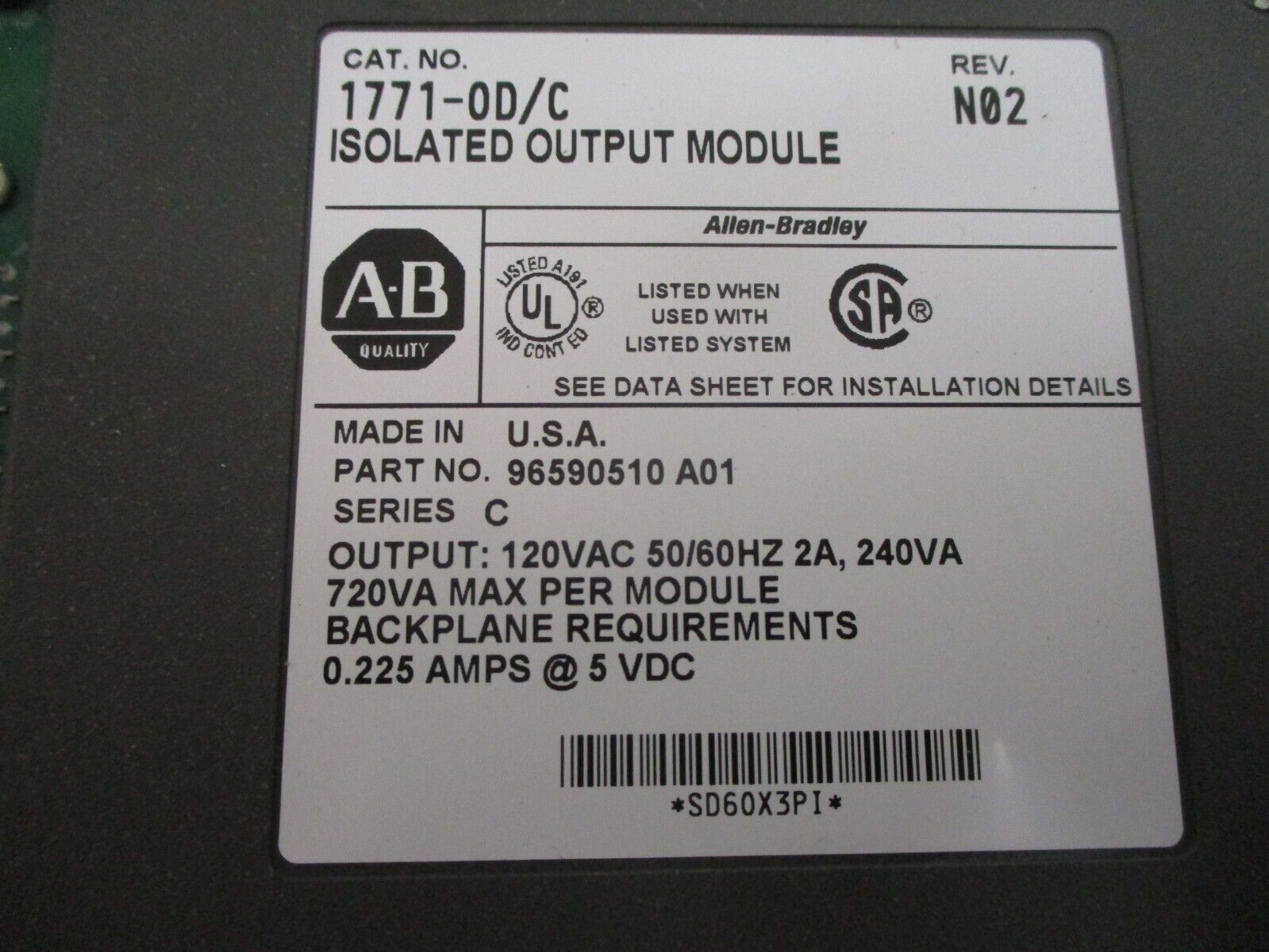 Allen-Bradley Isolated Output Module 1771-OD Ser. C Rev. N02 Used