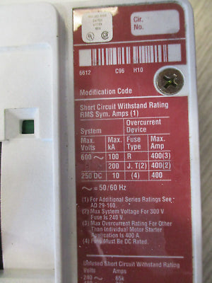 Cutler-Hammer Breaker Disconnect KD34000KZ02 400A 600V 3P Used.