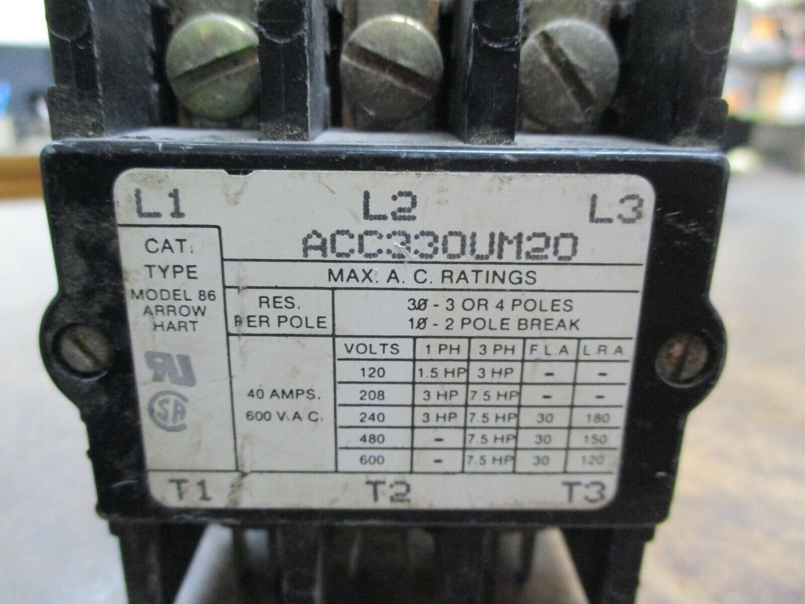 Arrow Hart Model 86 Contactor ACC330UM20 110-120V Coil 40A 600V Used