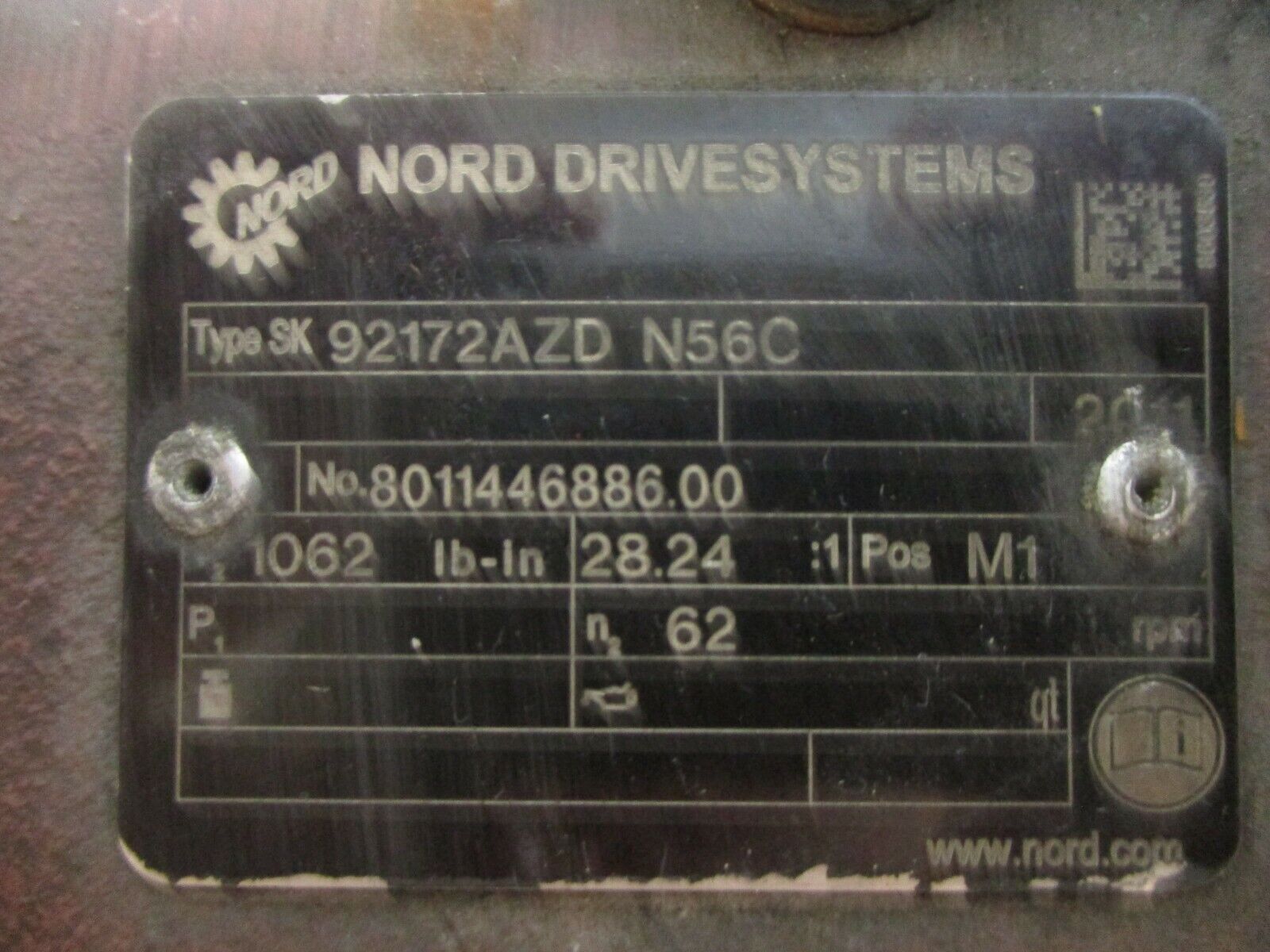 Nord Gear Reducer SK 92172AZD N56C Ratio 28.24:1 1062 lb-In 62 RPM Out Used