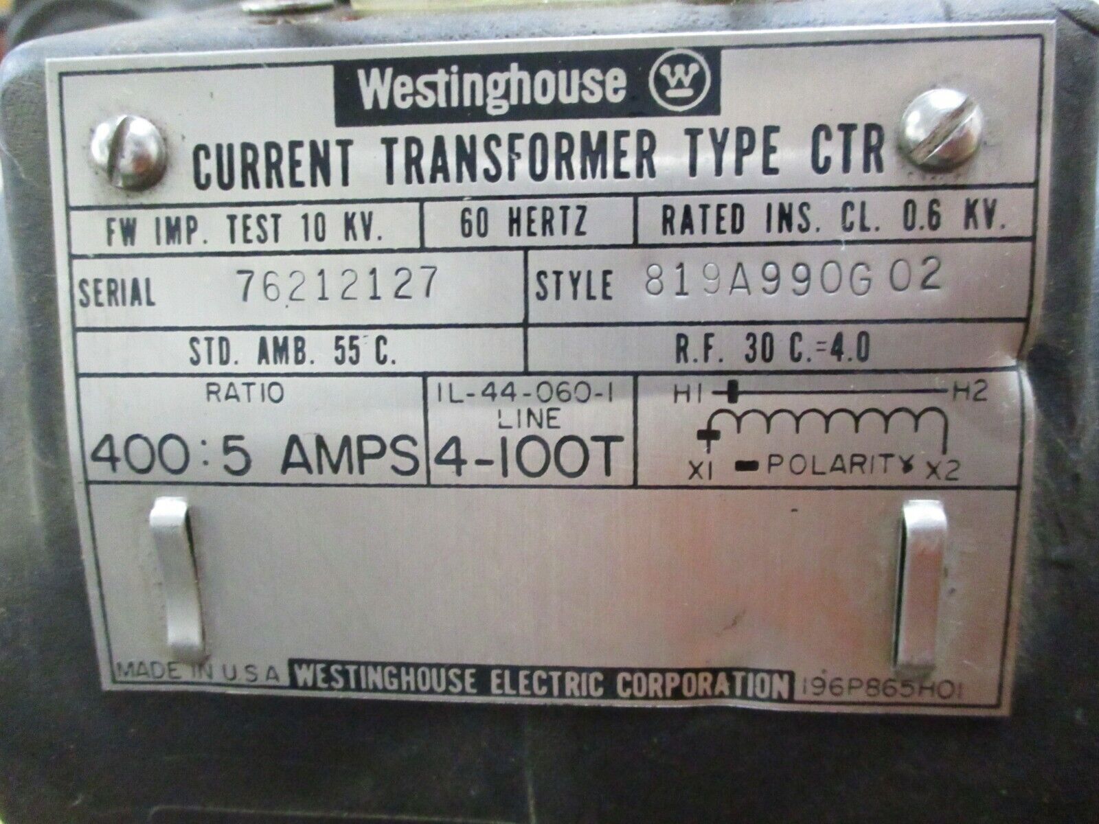 Westinghouse Type CTR Current Transformer 819A990G02 Ratio 400:5A 600V 60Hz Used
