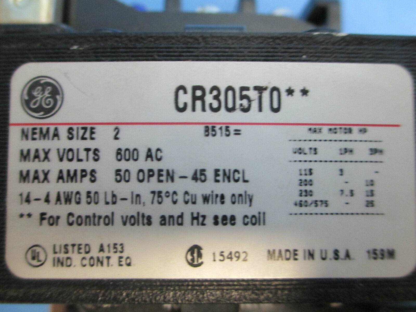 GE Magnetic Contactor CR305T004, Size 2 4P 440-480V Coil, New Surplus