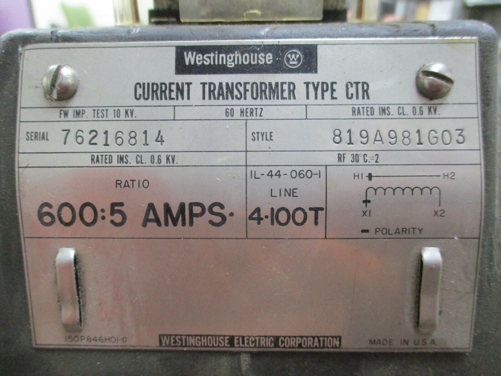 Westinghouse Type CTR Current Transformer 819A981G03 Ratio 600:5A 600V 60Hz Used