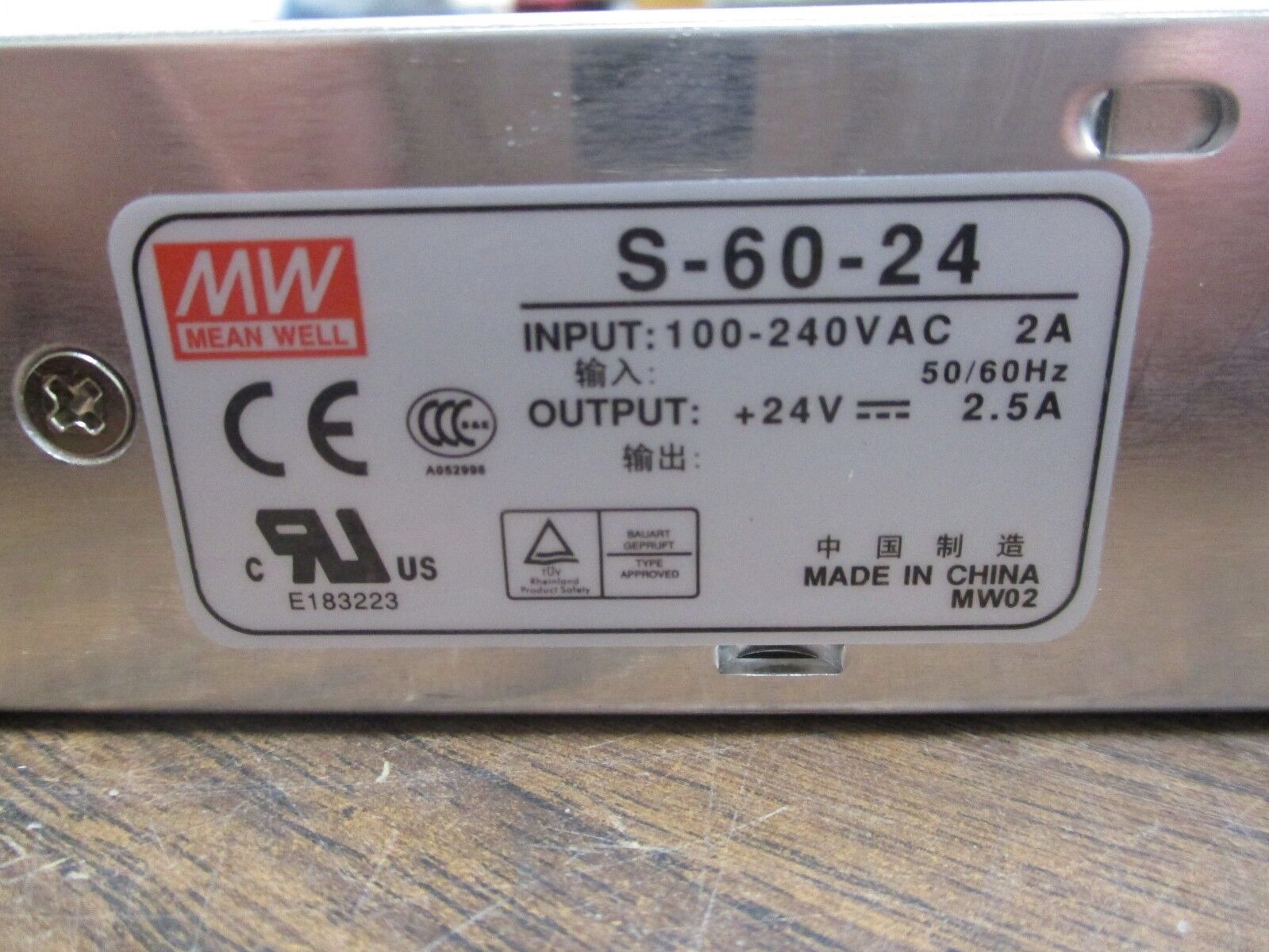 MEAN WELL Power Supply S-60-24 Input:100-240VAC 2A 50/60Hz Output:24VDC 2.5A