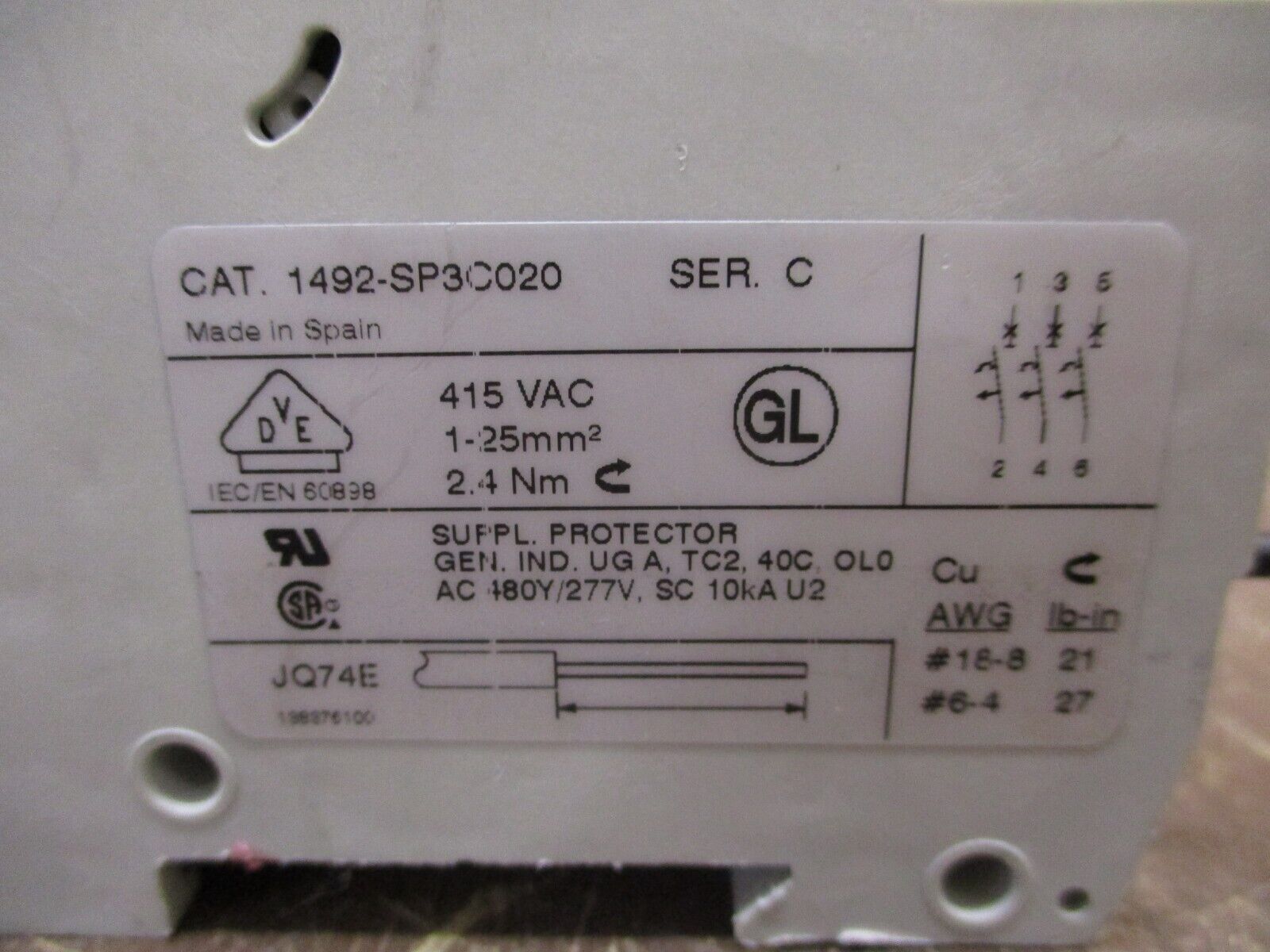 Allen-Bradley Circuit Breaker 1492-SP3C020 Ser. C 2A 480Y/277V 3P Used