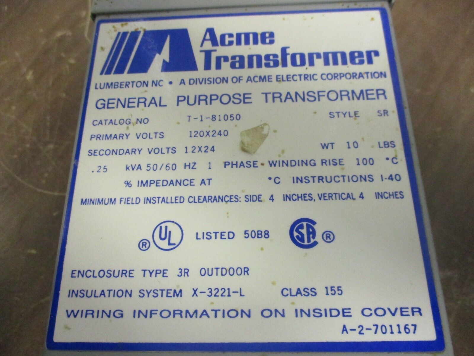 Acme Transformer 3R Transformer T-1-81050 0.25kVA Pri: 120/240V Sec: 12/24V 1Ph