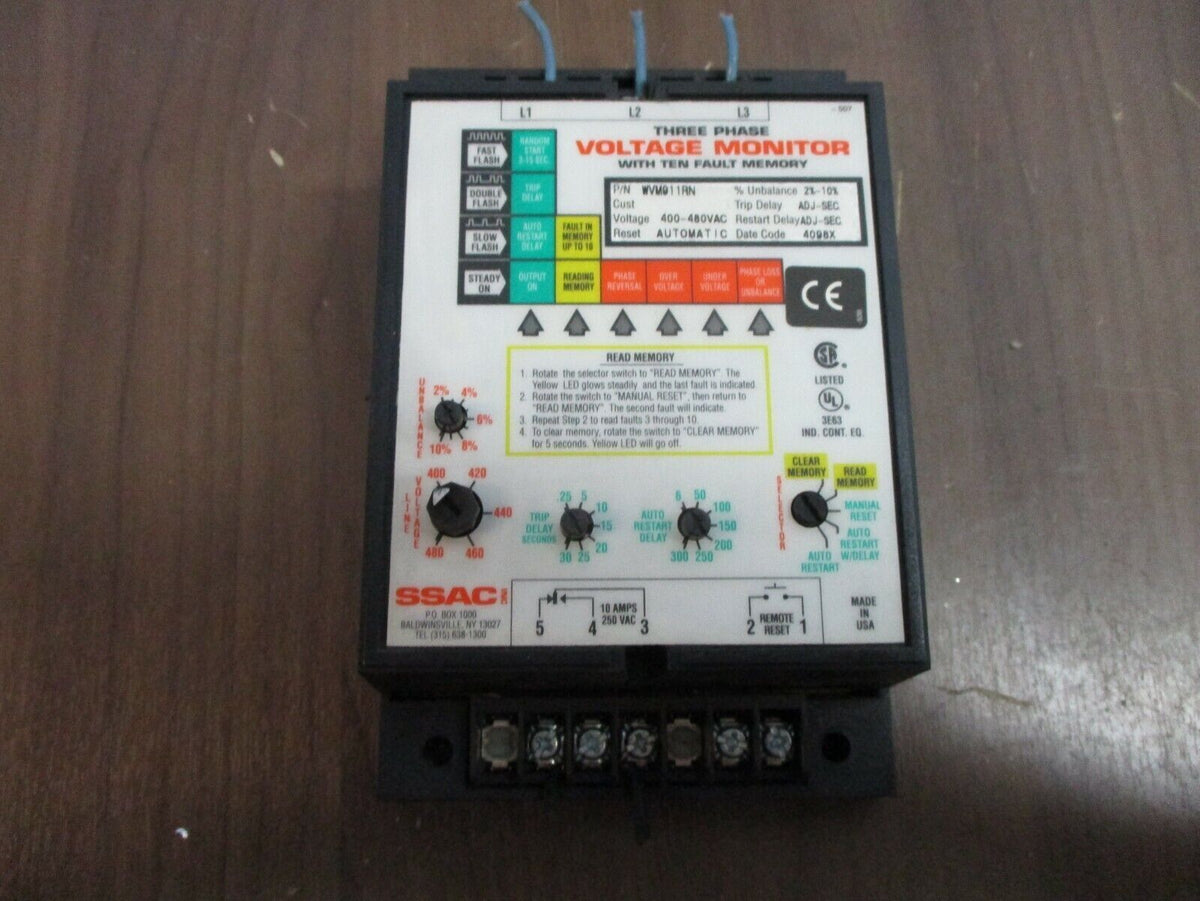 SSAC 3Ph Voltage Monitor WVM911RN 400-480VAC w/ Ten Fault Memory Used