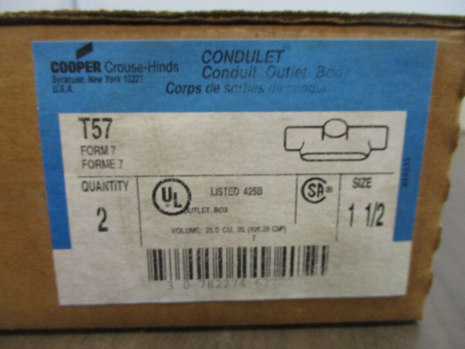 Cooper Crouse-Hinds Condulet Conduit Body T57 Form 7 Size: 1-1/2" *Box of 2*
