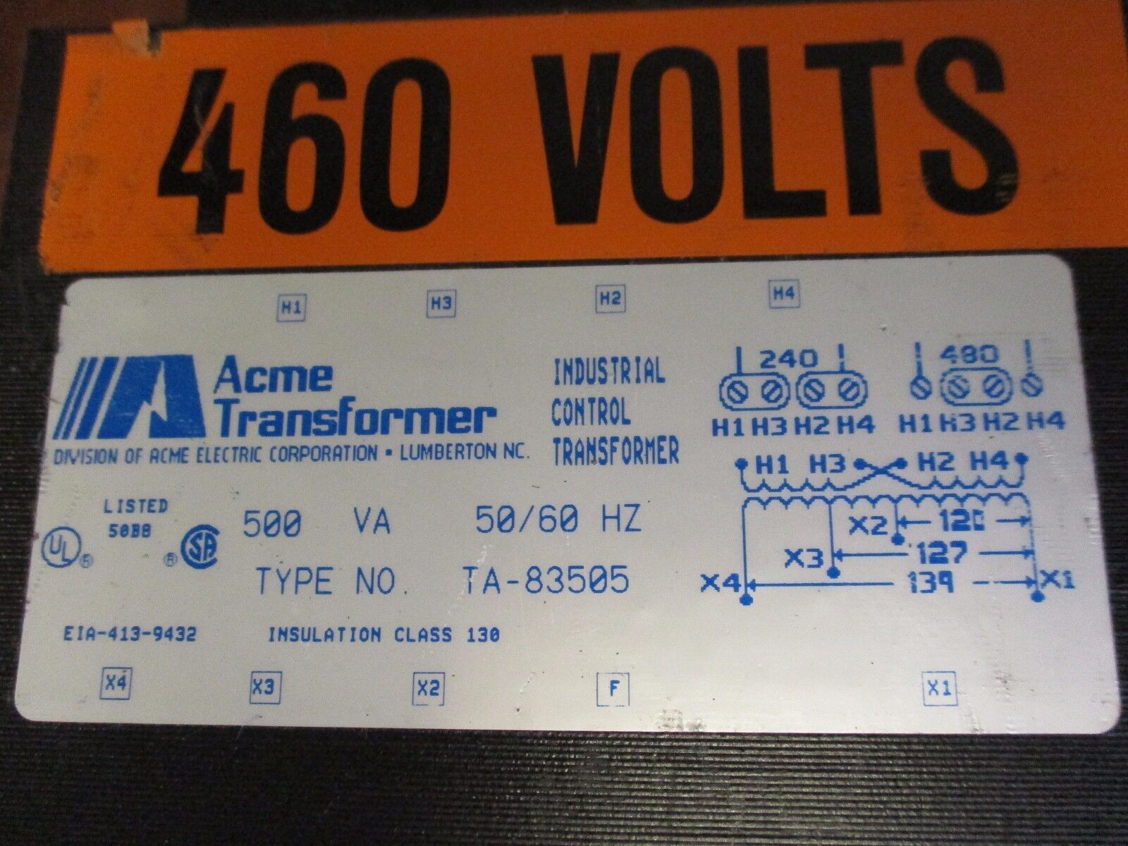 Acme Transformer Control Transformer TA-83505 500VA Pri: 240/480V Sec: 139V Used