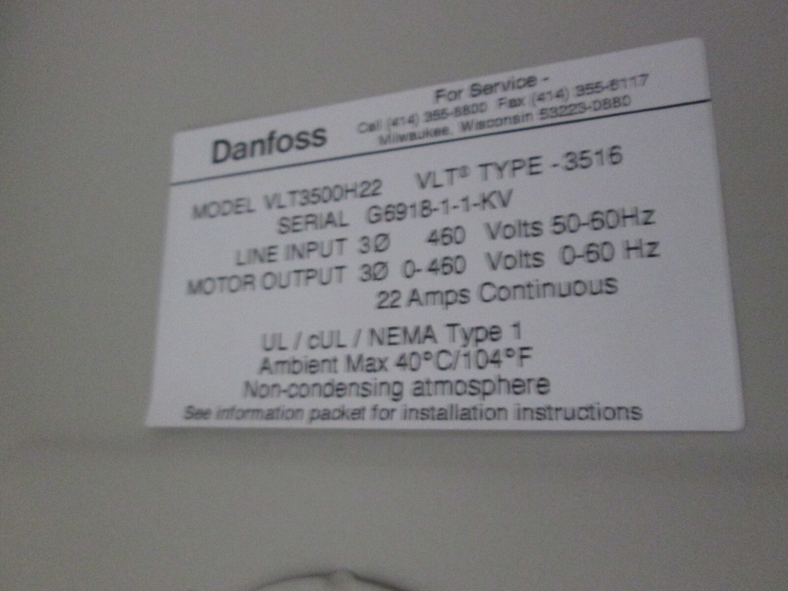 Danfoss VLT 3516 AC Drive w/ Bypass VLT3500H22 15HP Used