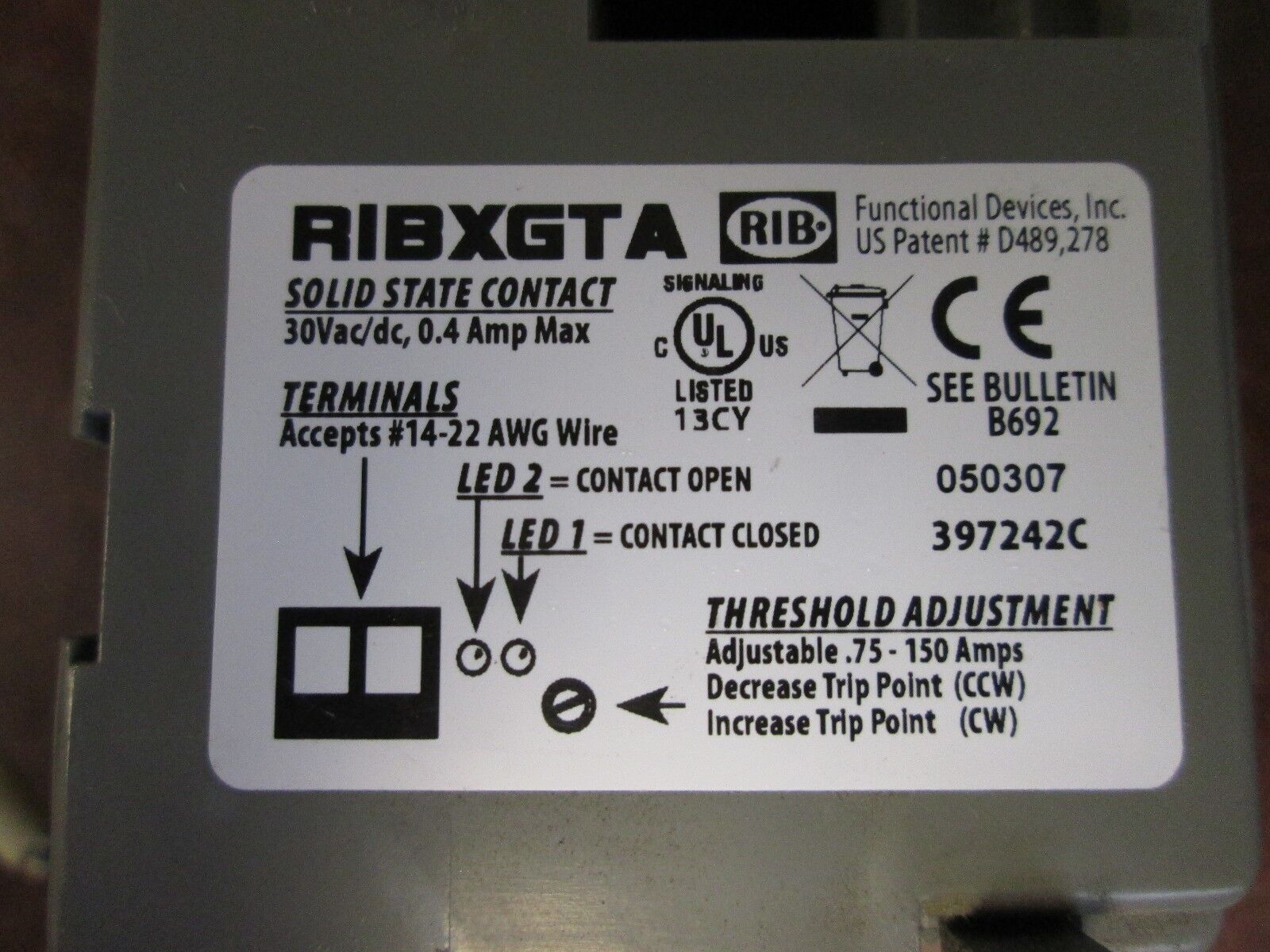 RIB Solid State Contact Current Sensor RIBXGTA 30V AC/DC 0.4A Used
