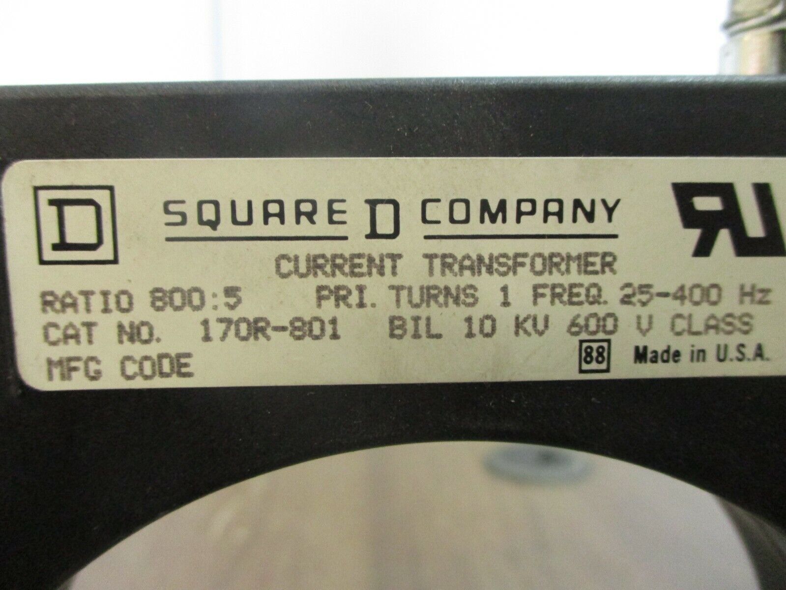 Square D Current Transformer 170R-801 Ratio 800:5A 600V 25-400Hz 10kV BIL Used