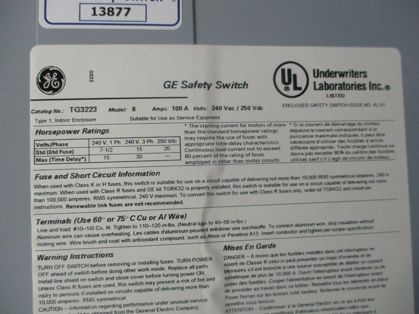 GE Fusible Safety Switch / Disconnect TG3223 100A 240V Used